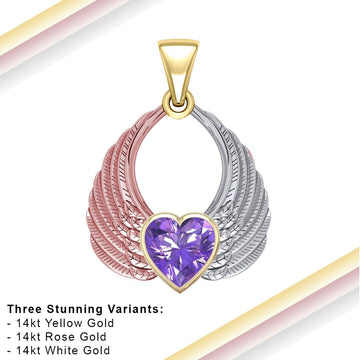 Angel Wing with Heart Gemstone Pendant Made from White, Yellow and Pink Gold RPD5169 - Jewelry
